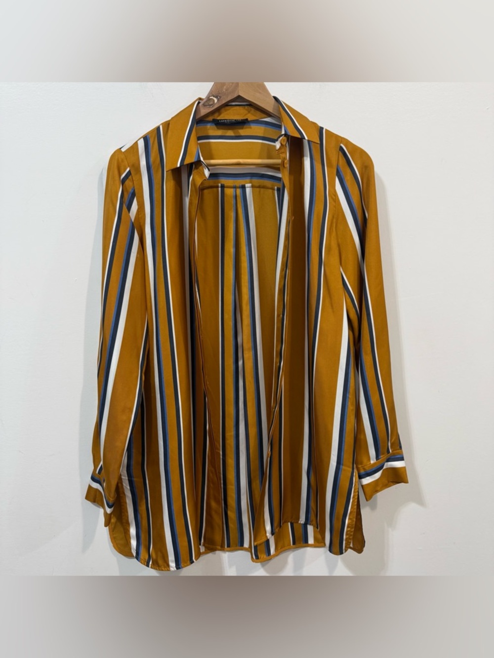 Lafayette 148 New York Silk Mustard Navy White Striped Button-Down Shirt Size XS